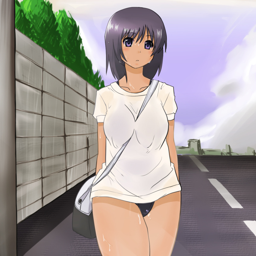 bag between_breasts black_bag black_one-piece_swimsuit blue_sky blush breasts brick_wall building cityscape cloud cloudy_sky collarbone commentary_request dark_skin day female grey_hair hair_between_eyes highres large_breasts looking_at_viewer medium_hair one-piece_swimsuit original outdoors parted_lips purple_eyes road school_swimsuit see-through see-through_shirt shirt short_sleeves shoulder_bag sky solo straight_hair strap_between_breasts street swimsuit swimsuit_under_swimsuit t-shirt tan thick_thighs thighs tree vallerg wet wet_hair white_shirt