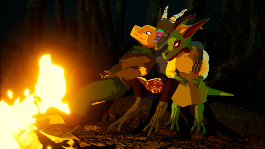 16:9 3d_(artwork) 4k absurd_res anthro baze campfire camping claws clothed clothing digital_media_(artwork) female group hi_res horn humanoid kobold kobold_dellarte kret low_poly night outside reptile scalie sek trio widescreen