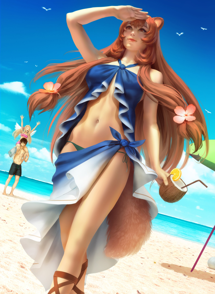 animal_ears bikini firo iwatani_naofumi raphtalia swimsuits tail tate_no_yuusha_no_nariagari umbrella wings zarory