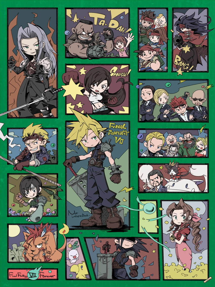 6+girls :d :q aerith_gainsborough band barret_wallace biggs_(ff7) black_hair blonde_hair blue_eyes bow brown_hair cactaur cactuar cait_sith cape character_request chibi chocobo cid_highwind cigarette cloud_strife copyright_name crown dark_skin don_corneo drill_hair earrings elena_(ff7) everyone facial_hair facial_mark feline final_fantasy final_fantasy_vii fingerless_gloves forehead_mark formal glasses gloves goggles goggles_on_head grey_hair hair_over_one_eye hairbow headband heidegger_(ff7) huge_sword jessie_(ff7) jewelry licking_lips long_hair low-tied_long_hair marlene_wallace materia midriff moogle multiple_boys multiple_girls navel ninja open_mouth palmer_(ff7) professor_hojo red_hair red_xiii reeve_tuesti reno rude rufus_shinra sabotender scar scarlet_(ff7) sephiroth short_hair shouta_(shbz) smile smoke smoking standing suit sunglasses suspenders sword tifa_lockhart tongue_out tseng vincent_valentine weapon wedge_(ff7) yuffie_kisaragi zack_fair