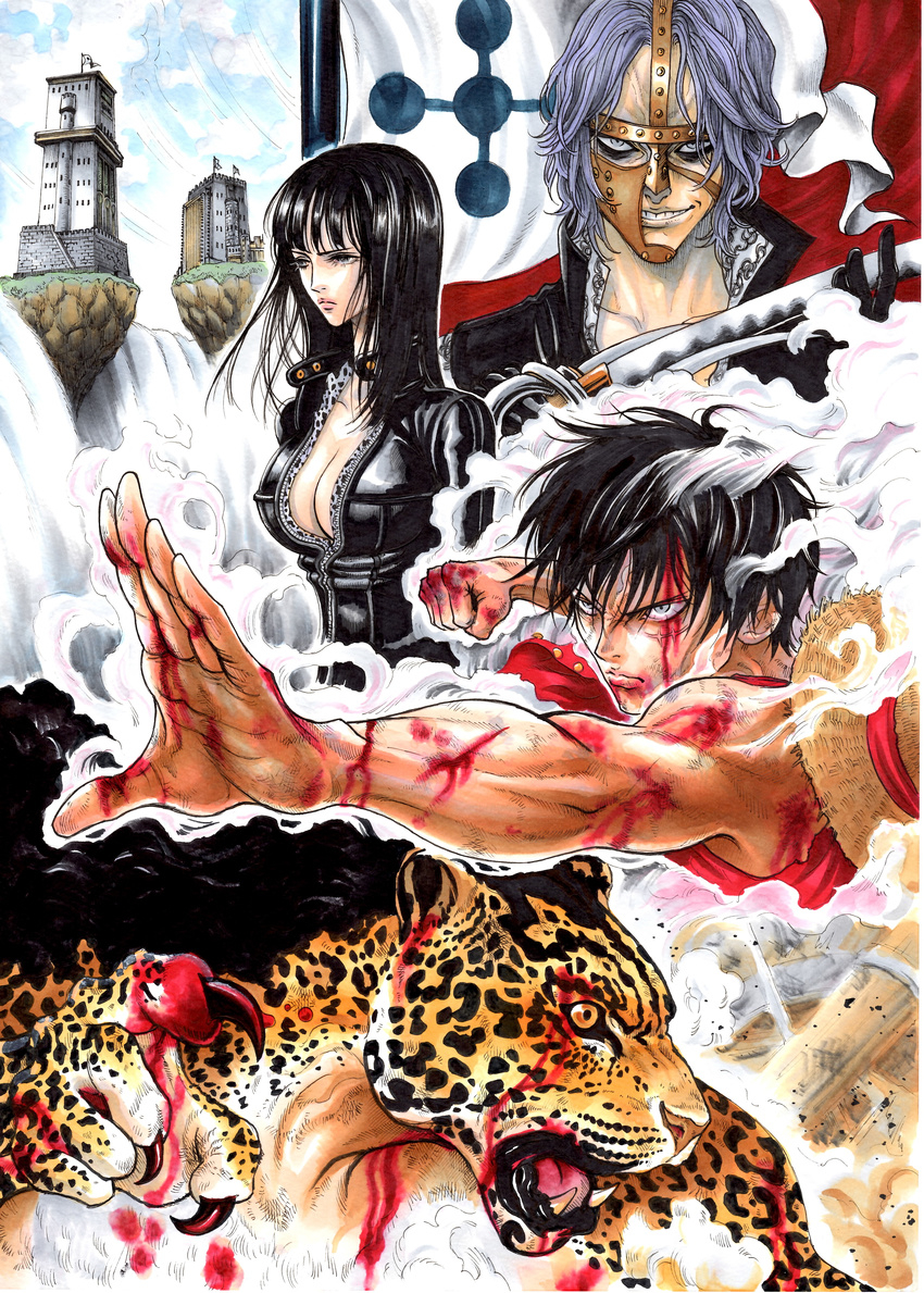 3boys absurdres bad_id bad_pixiv_id battle black_hair blood breasts claws cleavage commentary enies_lobby female flag funkfreed gear_second gloves hat highres large_breasts long_hair monkey_d._luffy multiple_boys nico_robin one_piece purple_hair rob_lucci scar smoke spandam straw_hat sword takumi_(marlboro) water waterfall weapon