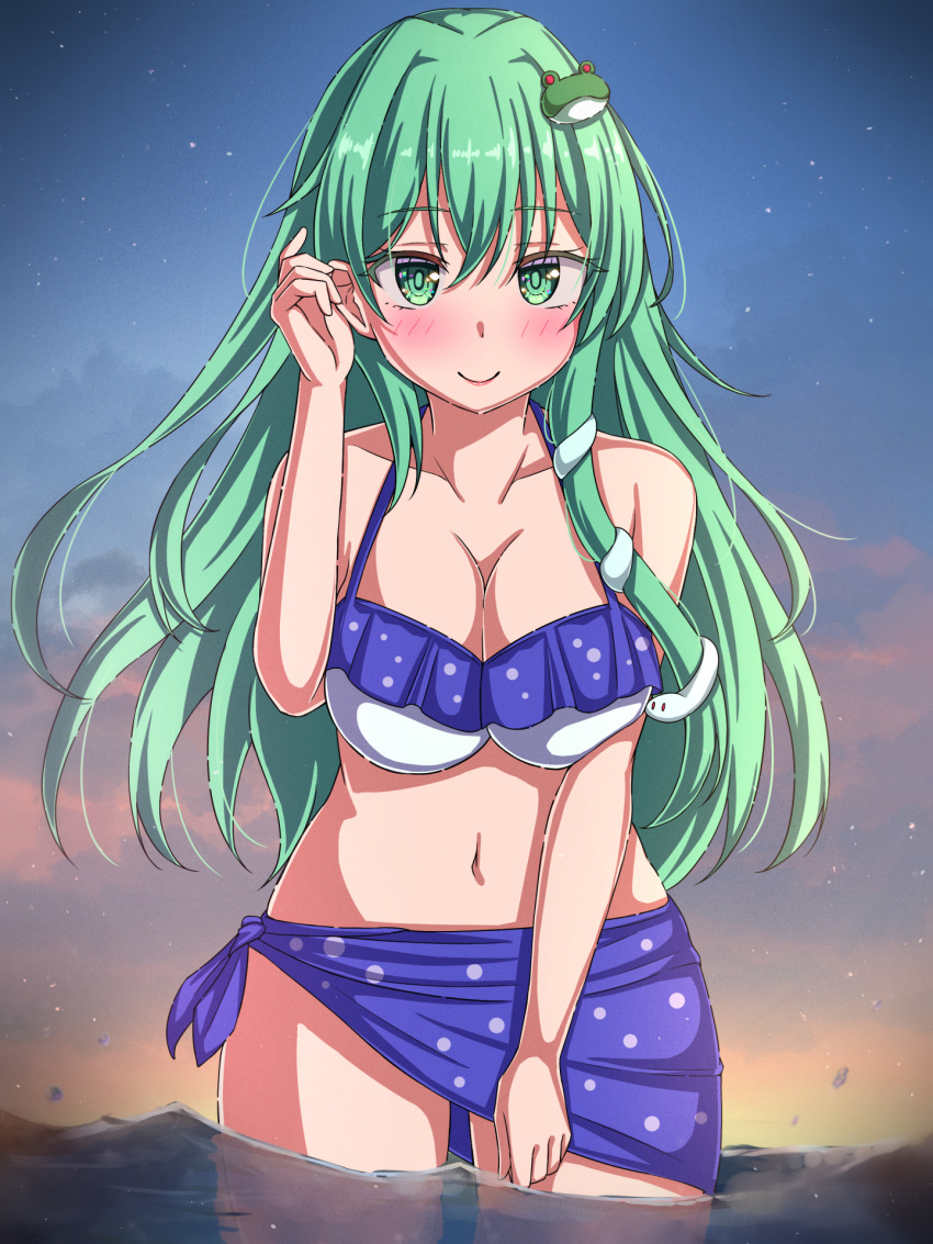 alternate_costume bikini blue_bikini blush breasts cleavage commentary_request female frog_hair_ornament green_eyes green_hair hair_ornament highres kochiya_sanae long_hair looking_at_viewer midriff multicolored_bikini multicolored_clothes navel rimasu71 sarong smile snake_hair_ornament solo swimsuit touhou water white_bikini