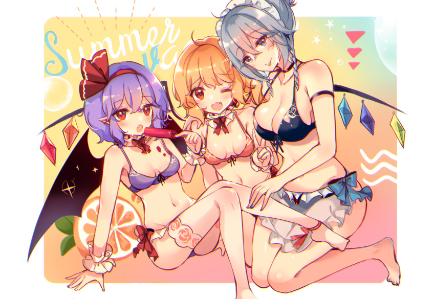 3girls absurdres bare_shoulders bat_wings bikini black_bikini blonde_hair border breasts collarbone english_text flandre_scarlet food full_body grey_hair highres holding holding_food holding_popsicle izayoi_sakuya kirero maid_headdress medium_breasts medium_hair multicolored_background multiple_girls navel one_eye_closed open_mouth pink_bikini pointy_ears popsicle purple_bikini purple_hair red_eyes remilia_scarlet short_hair side_ponytail small_breasts swimsuit tongue tongue_out touhou vampire white_border wings