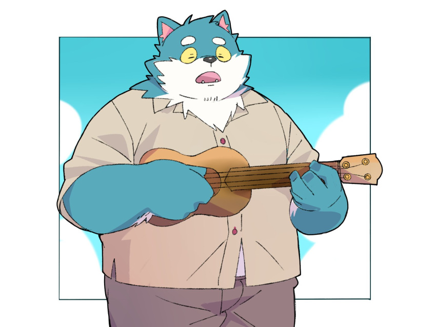 2024 anthro black_nose bottomwear canid canine canis closed_eyes clothing cloud domestic_dog hi_res inunoshippo kemono lute male mammal musical_instrument overweight overweight_male pants plucked_string_instrument shirt solo string_instrument topwear ukulele