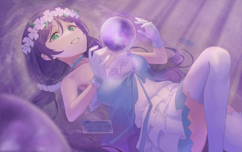 absurdres blue_choker blurry blurry_foreground breasts card choker commentary depth_of_field dress feet_out_of_frame female flower frilled_dress frills gloves green_eyes grin hair_ornament hair_scrunchie head_wreath highres knee_up large_breasts light_particles long_hair looking_at_viewer love_live! love_live!_school_idol_project low_twintails official_alternate_costume orb parted_bangs purple_hair scrunchie short_dress smile solo strapless strapless_dress sunkeun thighhighs tojo_nozomi twintails white_dress white_flower white_gloves white_scrunchie white_thighhighs yume_no_tobira