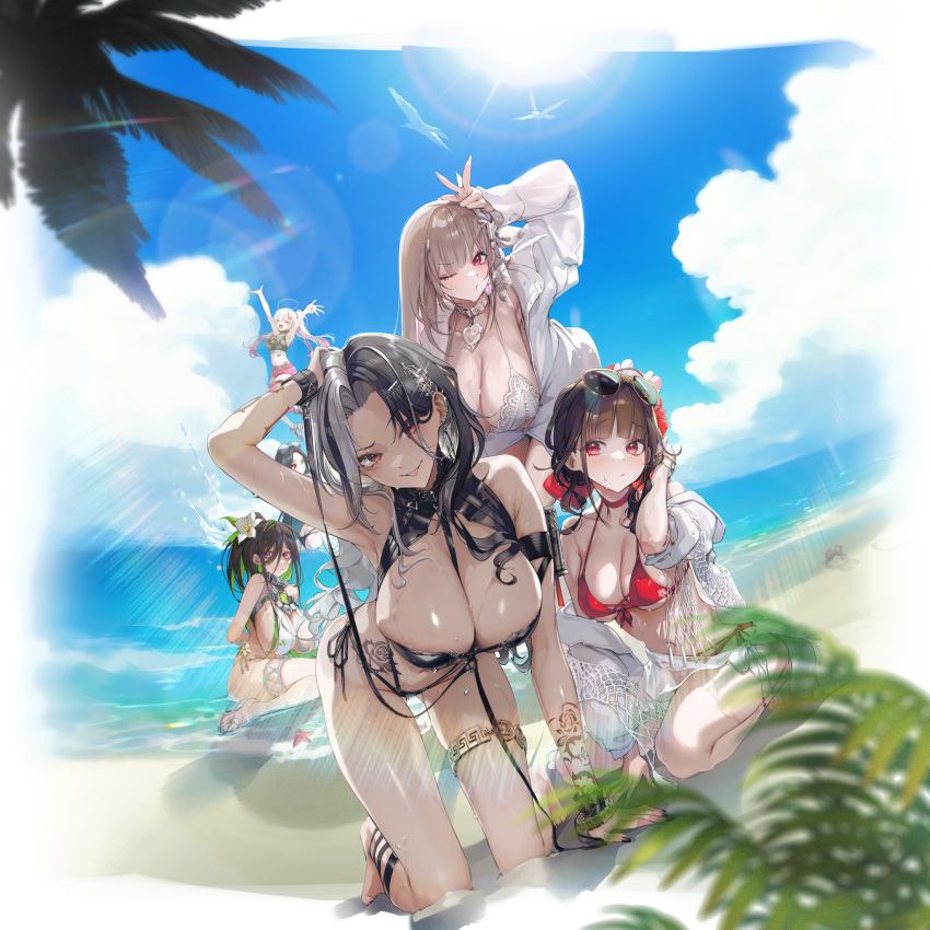 artist_request beach between_breasts blush breasts choker cleavage cloud eyewear_on_head goddess_of_victory:_nikke guilty_(nikke) guilty_(wave_of_disbelief)_(nikke) hair_ornament hand_on_own_head highres jackal_(nikke) jewelry kneeling large_breasts maiden_(nikke) maiden_(under_the_sun)_(nikke) multicolored_hair multiple_girls non-web_source ocean official_art one_eye_closed rosanna_(chic_ocean)_(nikke) rosanna_(nikke) sakura_(bloom_in_summer)_(nikke) sakura_(nikke) sidelocks thighlet two-tone_hair viper_(nikke) viper_(shine_of_love)_(nikke) wrist_tattoo