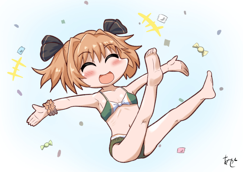 +++ adapted_costume akashieru alternate_costume barefoot bikini brown_hair brown_scrunchie candy commentary_request female food full_body green_bikini hachijou_(kancolle) kantai_collection one-hour_drawing_challenge outstretched_arms scrunchie short_hair smile solo swimsuit two_side_up wrist_scrunchie