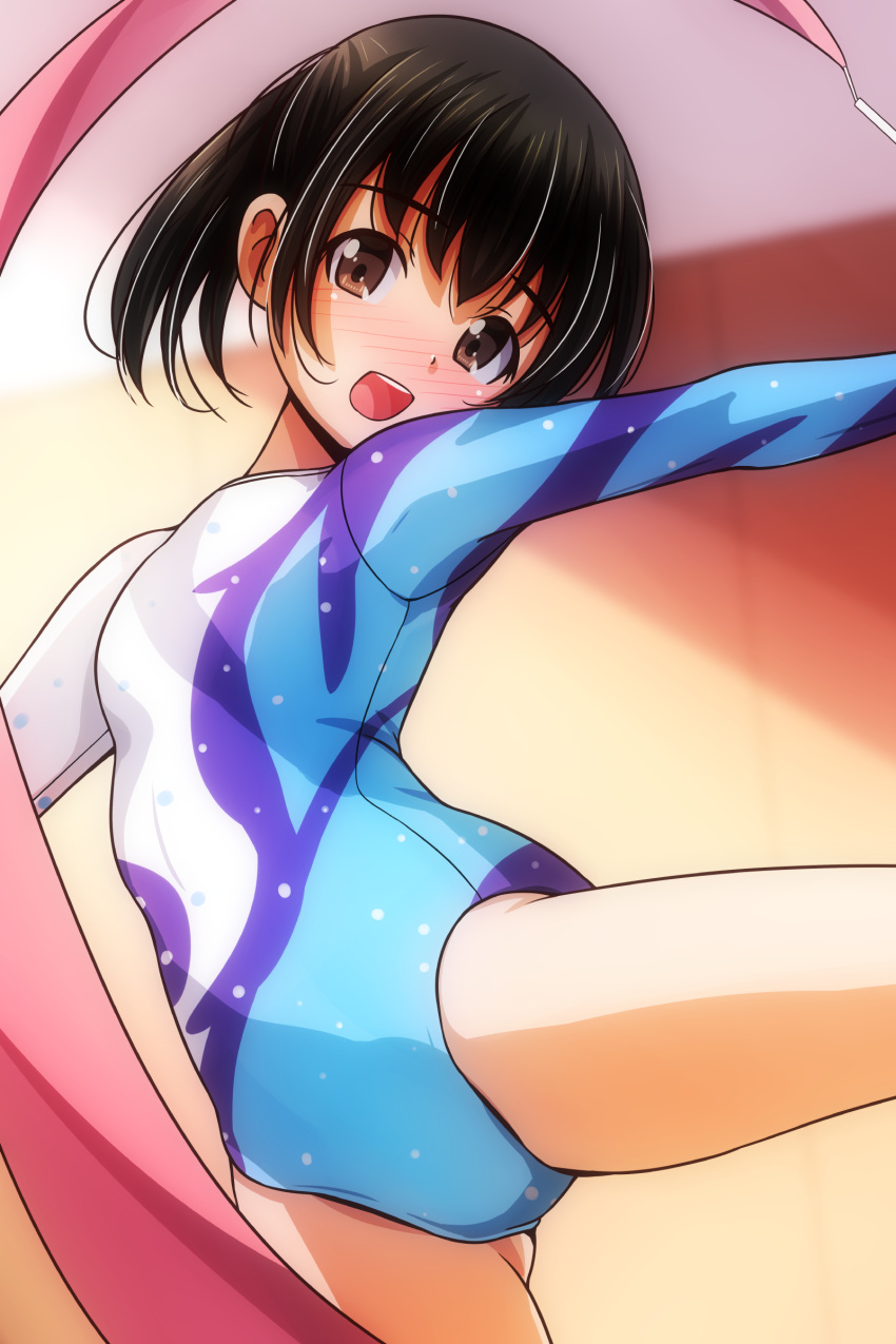 absurdres athletic_leotard black_hair breasts brown_eyes female gymnastics gymnastics_ribbon highres leotard long_sleeves matsunaga_kouyou medium_breasts multicolored_leotard open_mouth original rhythmic_gymnastics round_teeth solo standing standing_on_one_leg teeth twintails upper_teeth_only