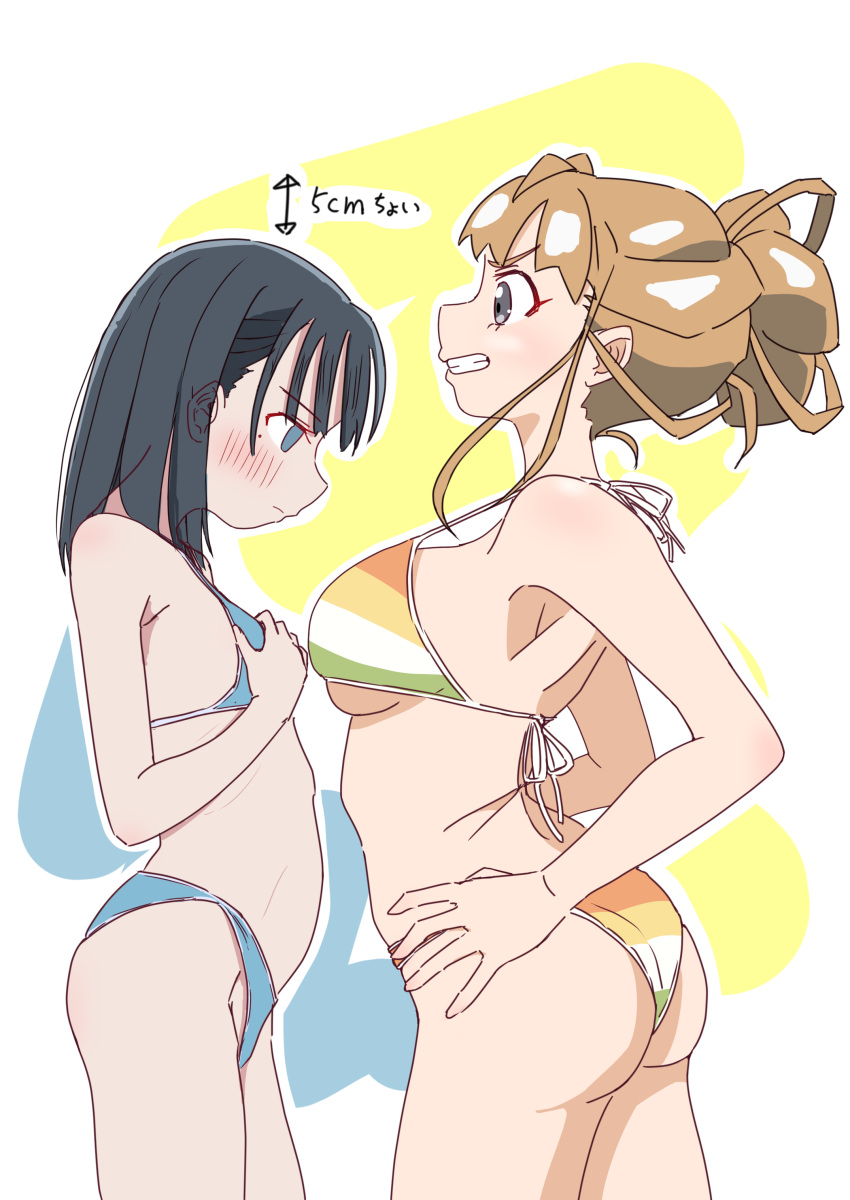 2girls absurdres bikini black_hair blush breasts brown_hair eniwa_shii groin highres large_breasts long_hair miyake_hinata multiple_girls simple_background sin_rg small_breasts sora_yori_mo_tooi_basho super_cub swimsuit teeth thighs