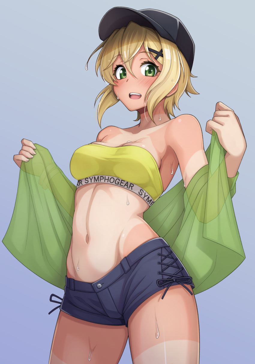 akatsuki_kirika alfort_(may0508) bandeau black_hat black_shorts blonde_hair breasts gradient_background green_eyes grey_background groin hair_between_eyes hair_ornament hat highres looking_at_viewer medium_breasts navel one-piece_tan open_mouth senki_zesshou_symphogear short_hair shorts standing stomach strapless sweat tan tanlines teeth thighs tube_top upper_teeth_only x_hair_ornament