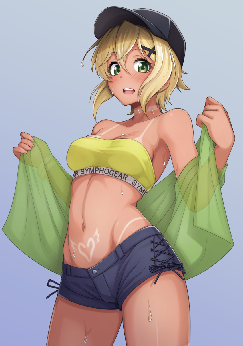 akatsuki_kirika alfort_(may0508) bandeau black_hat black_shorts blonde_hair breasts gradient_background green_eyes grey_background groin hair_between_eyes hair_ornament hat highres looking_at_viewer medium_breasts navel open_mouth senki_zesshou_symphogear short_hair shorts standing stomach strapless sweat tan tanlines teeth thighs tube_top upper_teeth_only x_hair_ornament