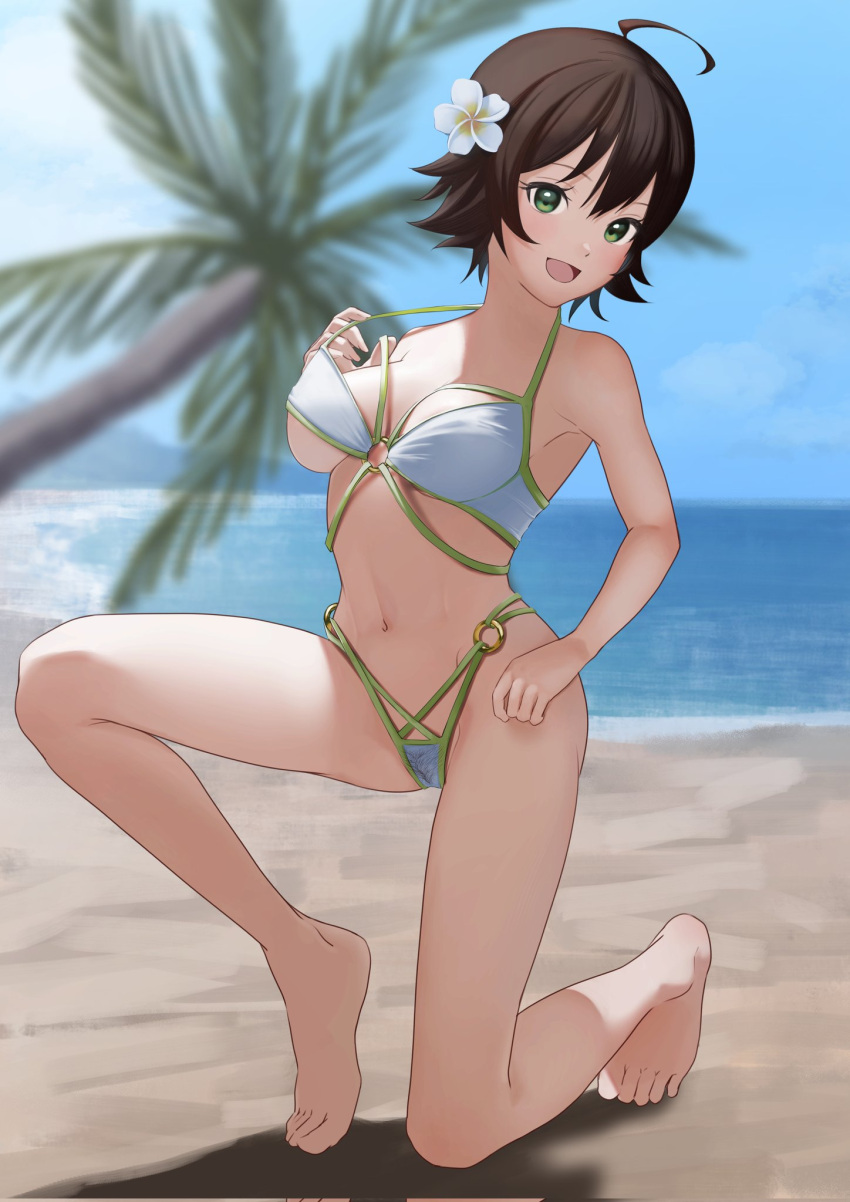 :d ahoge asn2dn awakened_miki barefoot bikini blue_sky breasts brown_hair cameltoe collarbone commentary_request commission corrupted_twitter_file day female green_eyes highres hoshii_miki idolmaster idolmaster_(classic) large_breasts linea_alba navel open_mouth outdoors palm_tree second-party_source short_hair skeb_commission sky smile solo swimsuit toes tongue tree watermark white_bikini