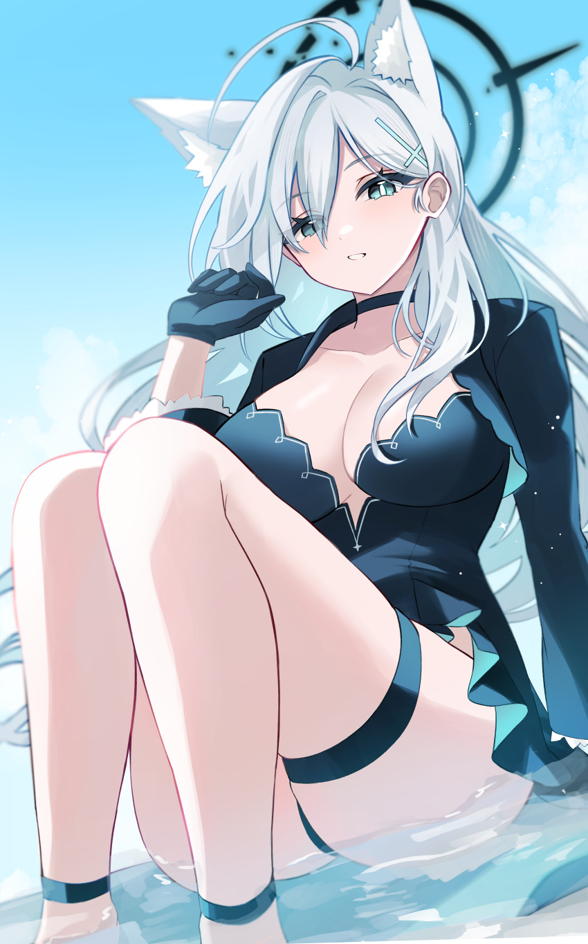 absurdres animal_ear_fluff animal_ears black_dress black_jacket blue_archive blue_eyes blush breasts choker cleavage cropped_jacket cross_hair_ornament dress extra_ears female grey_hair hair_ornament halo highres jacket large_breasts long_hair long_sleeves looking_at_viewer open_clothes open_jacket shiroko_(blue_archive) shiroko_terror_(blue_archive) sidelocks sitting solo thighs water wolf_ears yamaha_tsui