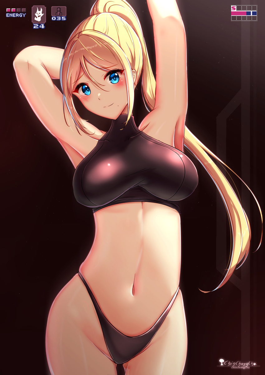 absurdres arms_behind_head arms_up artist_name black_panties black_shirt blonde_hair blue_eyes blush breasts chinchongcha closed_mouth female health_bar highres long_hair looking_at_viewer metroid midriff mole mole_under_mouth navel panties ponytail samus_aran shirt sidelocks skin_tight sleeveless sleeveless_turtleneck smile solo super_metroid turtleneck underwear