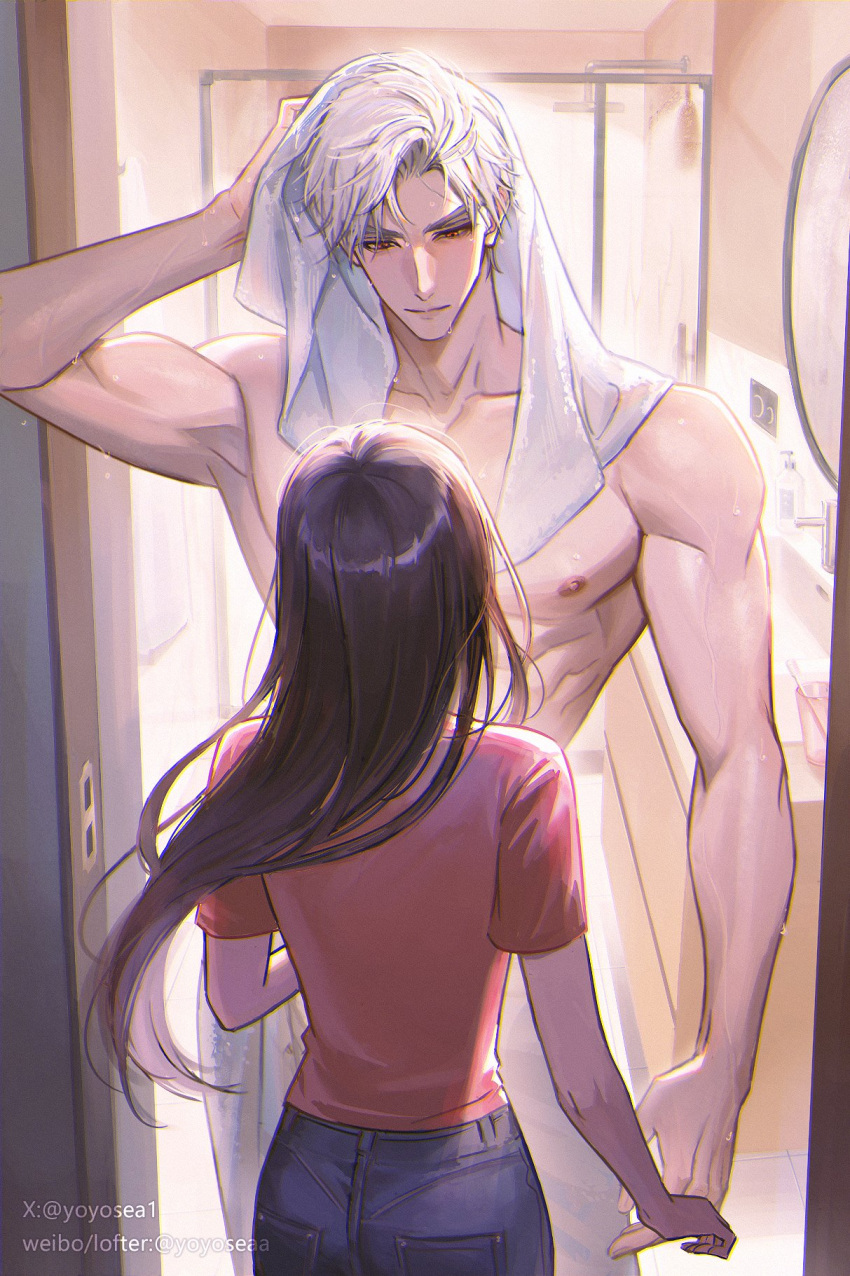 1boy after_bathing ass brown_hair collarbone denim female from_behind height_difference highres indoors jeans long_hair love_and_deepspace mirror muscular muscular_male pants protagonist_(love_and_deepspace) red_eyes red_shirt shirt short_sleeves shower_(place) sink standing sylus_(love_and_deepspace) t-shirt topless_male towel towel_on_head water_drop wet wet_hair white_hair white_towel yoyosea1