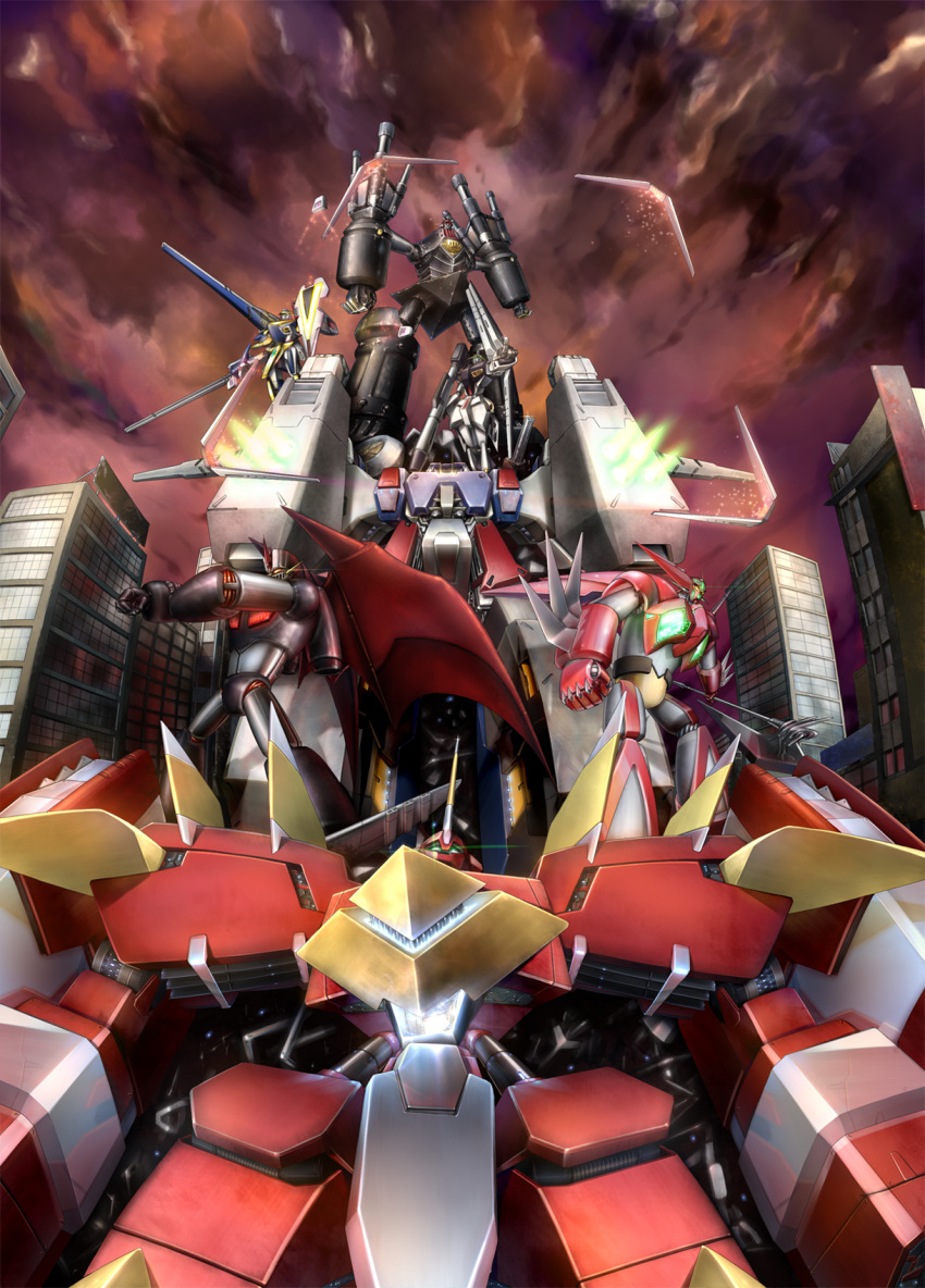 axe bad_id bad_pixiv_id big_o_(mecha) building char's_counterattack city clenched_hand cloud cloudy_sky fisheye flying from_below getter-1 getter_robo giganscudo glowing glowing_eyes gundam highres holding holding_axe holding_weapon intuos9 light_particles mazinger_(series) mecha mechanical_wings new_getter_robo no_humans nu_gundam pose railgun robot self-upload shin_mazinger_shougeki!_z-hen shin_mazinger_z sky spikes standing standing_on_shoulder super_robot_wars super_robot_wars_w the_big_o v2_gundam valguard victory_gundam weapon window wings