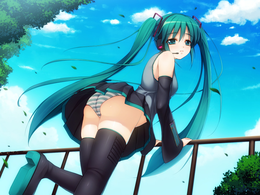 aqua_eyes aqua_hair ass bad_id bad_pixiv_id boots cloud day detached_sleeves female from_below hatsune_miku headphones headset highres legs long_hair maid_koubou panties photoshop_(medium) shoe_soles skirt sky solo striped_clothes striped_panties thigh_boots thighhighs twintails underwear very_long_hair vocaloid wind