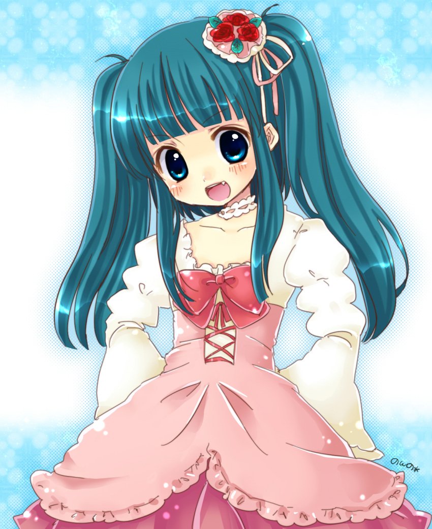 bad_id bad_pixiv_id blue_eyes blue_hair bow cross-laced_clothes cross-laced_skirt female flower frilled_skirt frills furudo_erika hair_ornament high-waist_skirt highres kanene_nono pink_bow ribbon skirt solo twintails umineko_no_naku_koro_ni