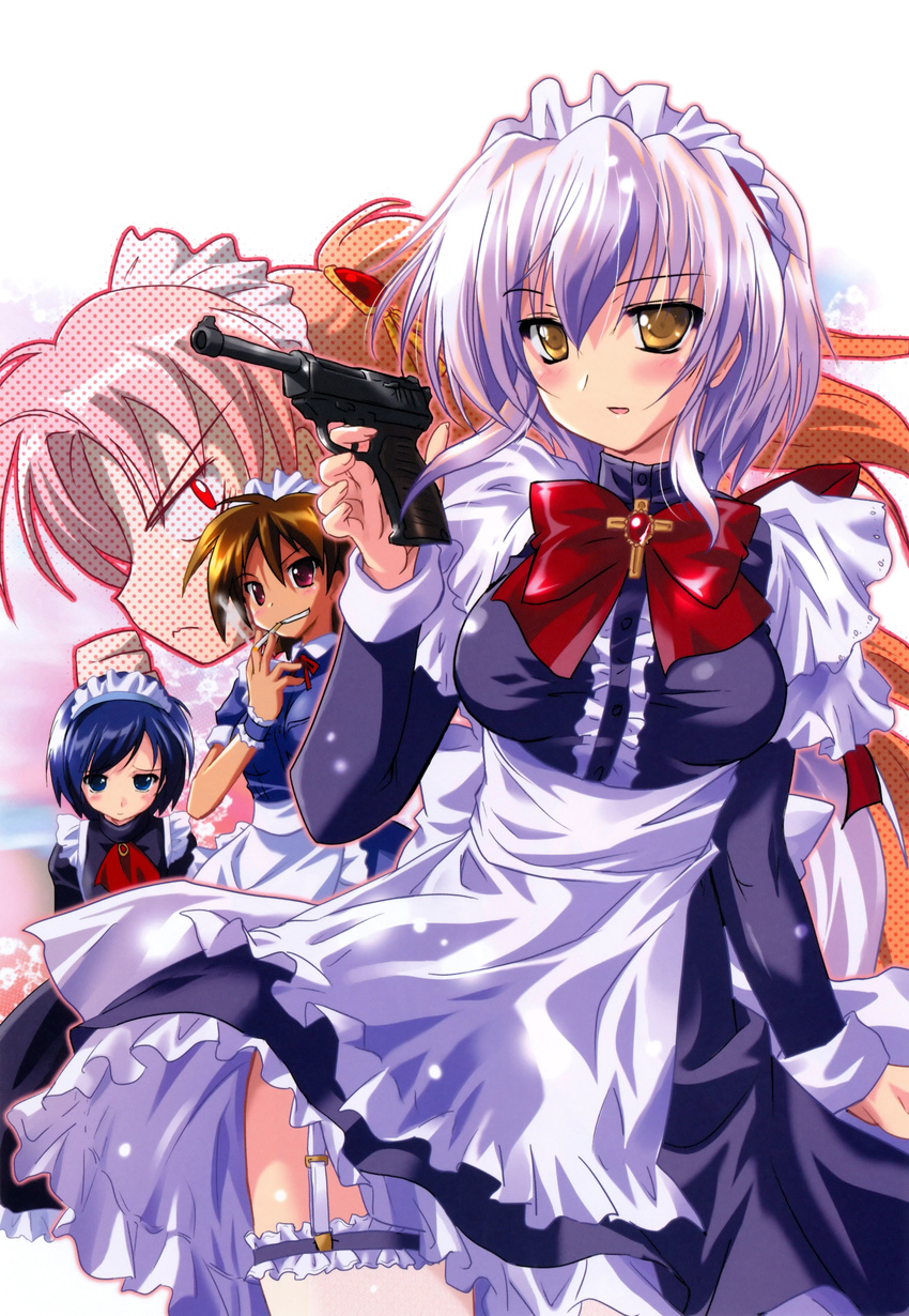 absurdres apron black_dress blue_eyes blue_hair brown_eyes brown_hair character_request cigarette dress female frilled_legwear frills garter_straps gun handgun highres holding holding_cigarette holding_gun holding_weapon komatsu_eiji liera_scharnhorst light_purple_hair long_sleeves maburaho maid maid_headdress miyama_yuuna photoshop_(medium) pink_hair scan simple_background smoke smoking standing thighhighs underbust waist_apron weapon white_background white_thighhighs yellow_eyes zoom_layer