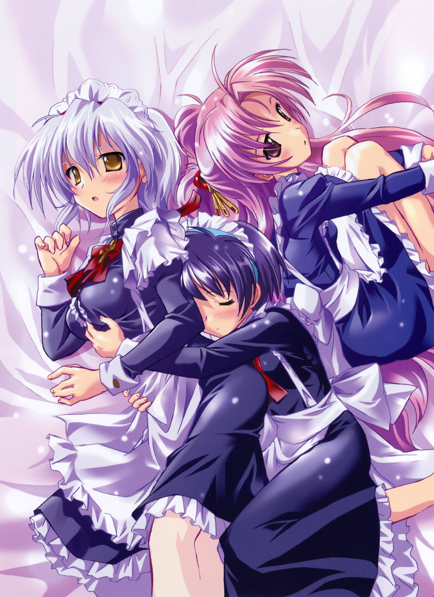 3girls absurdres apron black_dress blue_hair breasts character_request closed_eyes dress fetal_position highres hug knees_to_chest komatsu_eiji liera_scharnhorst long_sleeves looking_at_viewer lying maburaho maid maid_headdress medium_breasts miyama_yuuna multiple_girls pantyhose photoshop_(medium) pink_eyes pink_hair scan waist_apron white_pantyhose wrist_cuffs yellow_eyes