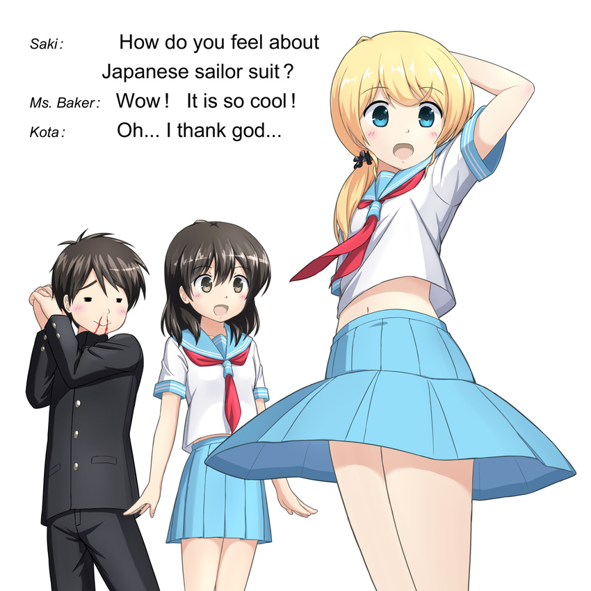 1boy 2girls :d :o alternate_costume andou_saki arm_up arms_at_sides black_pants black_scrunchie blonde_hair blood blue_eyes blue_skirt brown_eyes brown_hair character_name closed_eyes commentary_request cosplay educational ellen_baker english_text engrish_text gakuran hair_ornament hair_scrunchie hand_on_own_head highres itou_kouta kani_miso long_hair looking_at_viewer low_ponytail multiple_girls navel new_horizon nosebleed open_mouth pants ranguage school_uniform scrunchie serafuku skirt smile standing swoon teacher