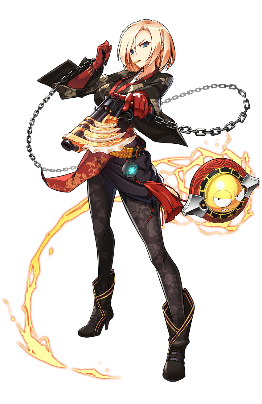 absurdres blonde_hair blue_eyes chains crimson_rose_(elsword) elsword female fire full_body gloves gun hair_between_eyes highres holding holding_weapon looking_at_viewer official_art pantyhose red_gloves ress rose_(elsword) short_hair solo transparent_background weapon