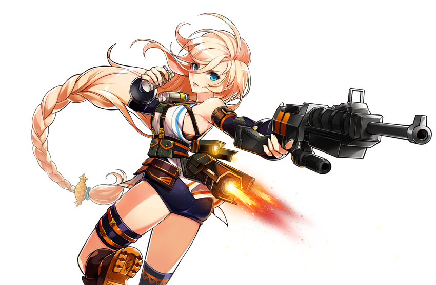 absurdres asymmetrical_legwear bare_shoulders blonde_hair blue_eyes braid elsword female freyja_(elsword) from_behind gun hair_between_eyes hair_ornament highres holding holding_gun holding_weapon leg_up long_hair looking_at_viewer looking_back low-braided_long_hair low-tied_long_hair official_art ress rifle rose_(elsword) short_shorts shorts single_braid solo thigh_strap thighhighs transparent_background uneven_legwear very_long_hair weapon