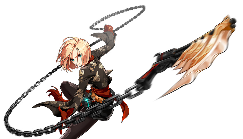 absurdres belt blonde_hair blue_eyes bow chains crimson_rose_(elsword) elsword female gloves hairbow highres holding holding_weapon looking_at_viewer official_art red_gloves ress rose_(elsword) short_hair solo transparent_background weapon