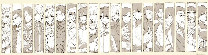 agravain_(fate) airgetlam_(fate) arash_(fate) armor artoria_pendragon_(fate) artoria_pendragon_(lancer)_(fate) assassin_(fate/zero) banira_(ri0115ka) bedivere_(fate) chaldea_uniform commentary_request fate/apocrypha fate/extra fate/grand_order fate/hollow_ataraxia fate/prototype fate/prototype:_fragments_of_blue_and_silver fate/stay_night fate_(series) female_assassin_(fate/zero) fujimaru_ritsuka_(male) gawain_(fate) hassan_of_serenity_(fate) hassan_of_the_cursed_arm_(fate) highres komedawara lancelot_(fate/grand_order) leonardo_da_vinci_(fate) long_hair looking_at_viewer mash_kyrielight mask monochrome mordred_(fate) mordred_(fate/apocrypha) multiple_boys multiple_girls nitocris_(fate) ozymandias_(fate) sherlock_holmes_(fate) short_hair skull smile tawara_touta_(fate) tristan_(fate) xuangzang_sanzang_(fate)