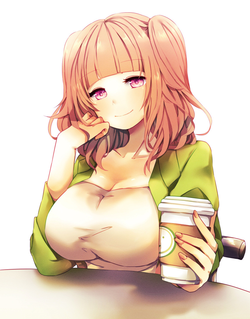 absurdres blunt_bangs breasts chair cleavage closed_mouth commentary_request cup disposable_coffee_cup disposable_cup female green_jacket hand_on_own_chin highres holding holding_cup houzuki_ringo ikinokore!_shachiku-chan jacket large_breasts looking_at_viewer medium_breasts nail_polish open_clothes open_jacket purple_eyes senpai-san_(ikinokore!_shachiku-chan) shirt simple_background sitting smile solo table two_side_up upper_body wavy_hair white_background white_shirt