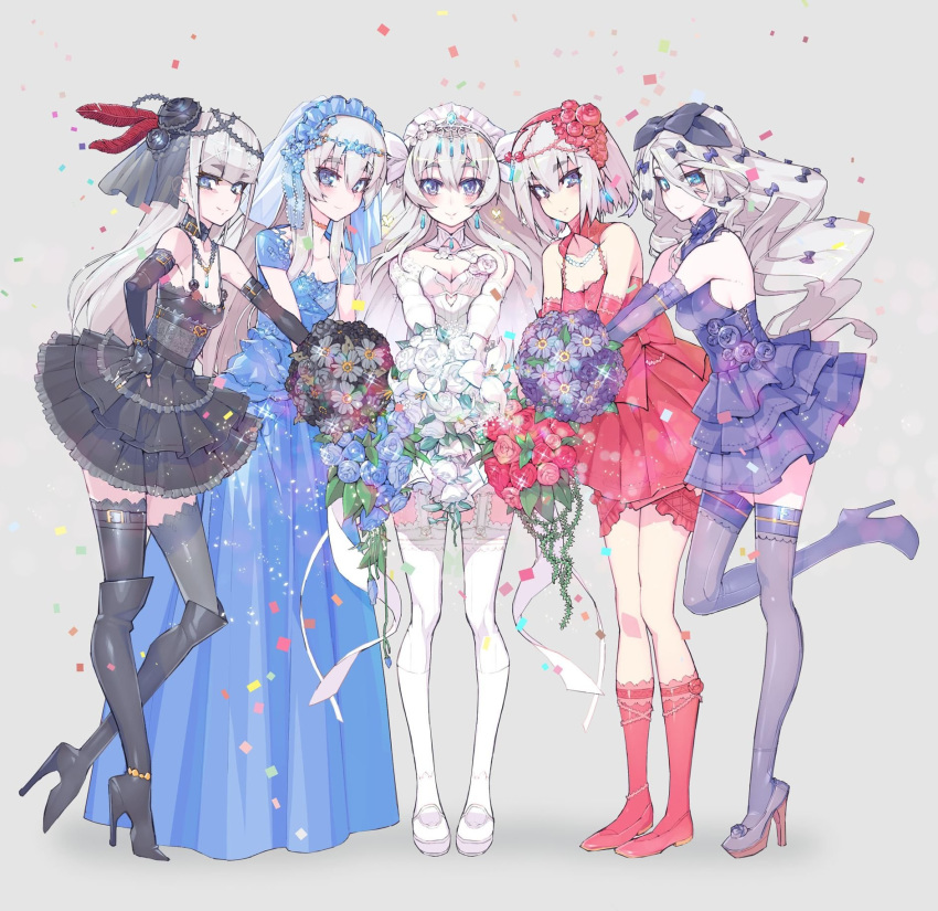 5girls bad_link black_thighhighs blue_dress blue_eyes boots bouquet bow chaika_bogdan chaika_kamaz chaika_trabant dress earrings elbow_gloves fingerless_gloves flower garter_straps gloves hair_flower hair_ornament hairband hairbow high_heel_boots high_heels highres hitsugi_no_chaika jewelry layla_(hitsugi_no_chaika) long_hair multiple_girls namaniku_atk necklace official_art purple_dress purple_legwear red_dress thigh_boots thighhighs veil viivi_holopainen white_dress white_hair white_thighhighs