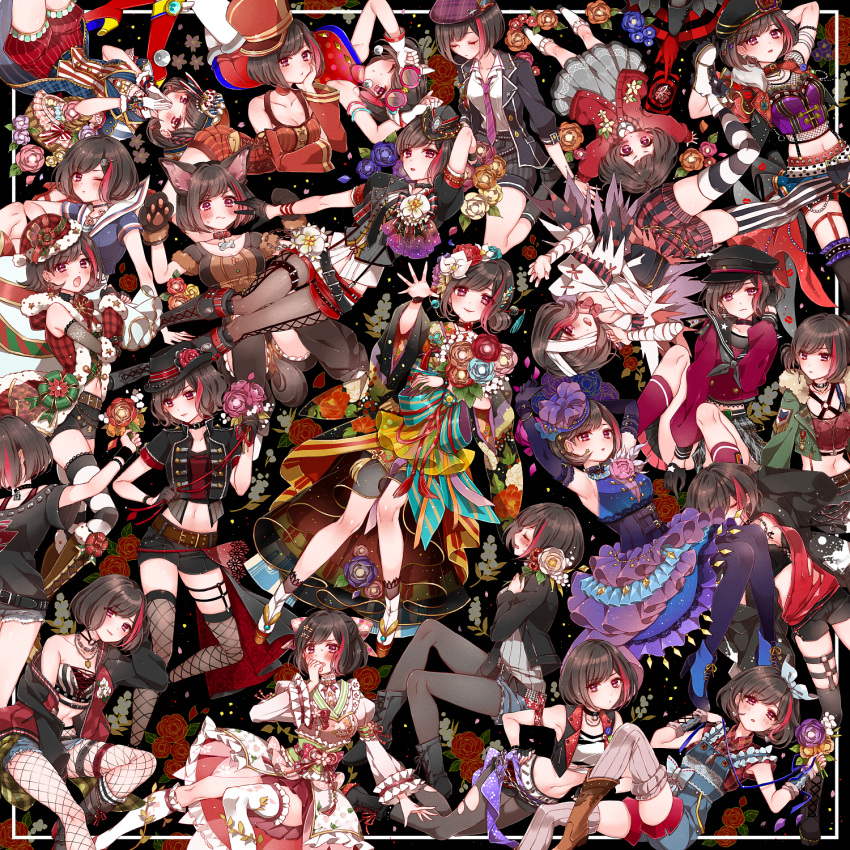 6+girls :o :s \o/ adjusting_eyewear aged_down animal_collar animal_ears animal_hands arm_up armpits arms_up asymmetrical_legwear badge bag bandage_over_one_eye bandaged_arm bandages bang_dream! bare_shoulders basket belt beret between_legs black_choker black_collar black_footwear black_gloves black_hair black_headwear black_jacket black_neckerchief black_pantyhose black_socks black_thighhighs blue_footwear blue_gloves blue_legwear blue_ribbon blush bob_cut boots bouquet bracelet breasts calling_card capelet card cardigan choker claw_pose cleavage cleavage_cutout cloak closed_eyes clothing_cutout collar collarbone collared_shirt commentary_request corsage costume_chart covering_own_mouth criss-cross_halter crop_top denim denim_shorts detached_sleeves dog_ears dress dress_shirt earrings elbow_gloves eyewear_on_head fedora fingerless_gloves fishnet_pantyhose fishnet_thighhighs fishnets flower frilled_dress frilled_sleeves frills fur-trimmed_jacket fur-trimmed_sleeves fur_trim gloves green_jacket hair_bun hair_flower hair_ornament hair_ribbon hairclip halterneck hand_between_legs hand_on_own_hip hat hat_flower head_rest high_heel_boots high_heels highres holding holding_bouquet holding_card holding_sack jacket japanese_clothes jewelry kimono kneehighs lock looking_at_viewer low_ponytail mamaloni midriff mismatched_legwear mitake_ran multicolored_hair multiple_girls multiple_persona multiple_views name_connection navel neck_ribbon neckerchief necklace necktie o-ring object_namesake official_alternate_costume one_eye_closed orange_flower orchid outstretched_arms outstretched_hand overalls padlock padlocked_collar paint_stains pantyhose pantyhose_under_shorts paw_gloves peaked_cap pink_flower plaid plaid_headwear plaid_skirt purple_eyes purple_headwear purple_necktie red_cardigan red_choker red_eyes red_flower red_hair red_legwear red_ribbon red_shirt red_shorts ribbed_legwear ribbed_sweater ribbon robe sack sailor_collar sailor_dress santa_costume santa_hat school_uniform serafuku shako_cap shirt short_hair short_shorts short_sleeves shorts single_hair_bun skindentation skirt smile socks steepled_fingers streaked_hair striped_clothes striped_necktie striped_ribbon striped_shorts striped_thighhighs studded suspenders sweater sweater_jacket tassel tears thigh_strap thighhighs torn_clothes track_suit two-tone_hair uneven_legwear vertical-striped_clothes vertical-striped_shorts vertical-striped_thighhighs vest white_flower white_footwear white_shirt