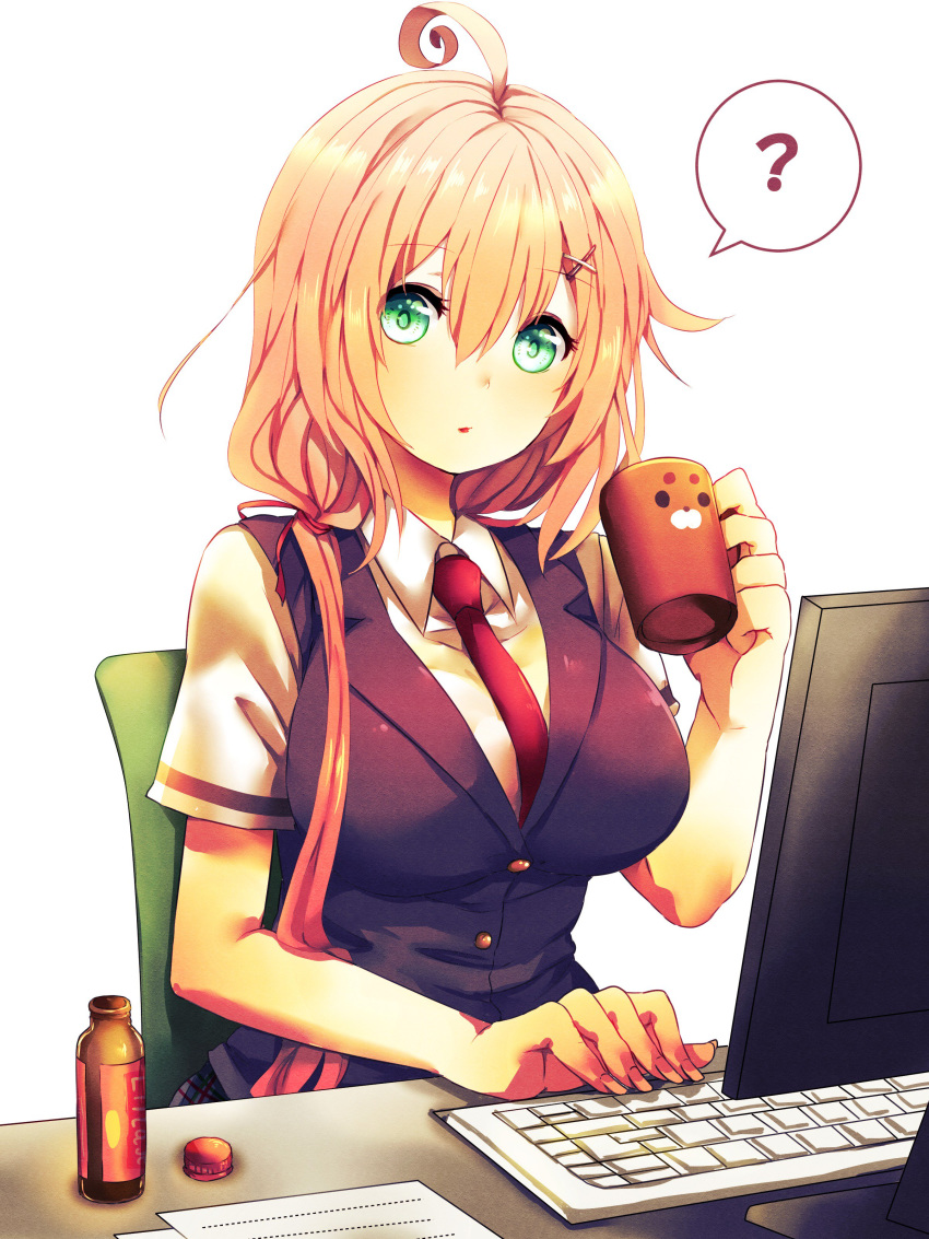 ? absurdres ahoge black_vest collared_shirt commentary_request computer_keyboard cup desk energy_drink female green_eyes hair_between_eyes hair_ornament highres holding holding_cup houzuki_ringo ikinokore!_shachiku-chan long_hair looking_at_viewer monitor nail_polish necktie orange_hair paper red_necktie sakura_ouka school_uniform shirt short_sleeves simple_background sitting solo spoken_question_mark tied_hair upper_body vest white_background white_shirt wing_collar x_hair_ornament