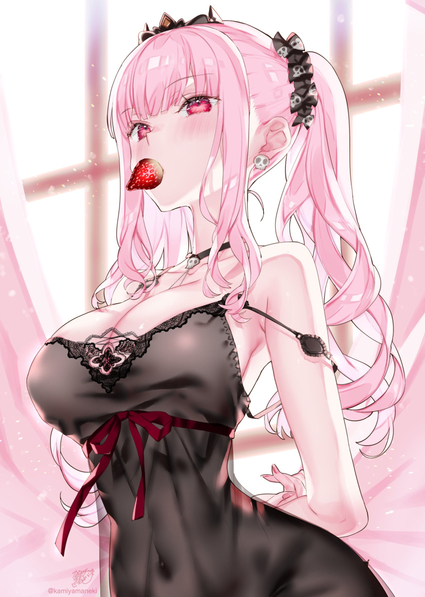 absurdres artist_name bare_shoulders black_choker black_nightgown black_tiara blush breasts choker cleavage collarbone commentary curtains earrings english_commentary female food food_in_mouth fruit highres holding hololive hololive_english indoors jewelry kamiya_maneki lace-trimmed_nightgown large_breasts long_hair looking_at_viewer mixed-language_commentary mori_calliope mori_calliope_(sleepwear) morning mouth_hold nightgown official_alternate_costume pink_eyes pink_hair red_eyes revision sideboob signature skull_choker skull_collar skull_earrings sleepwear solo strawberry tiara twintails twitter_username virtual_youtuber window