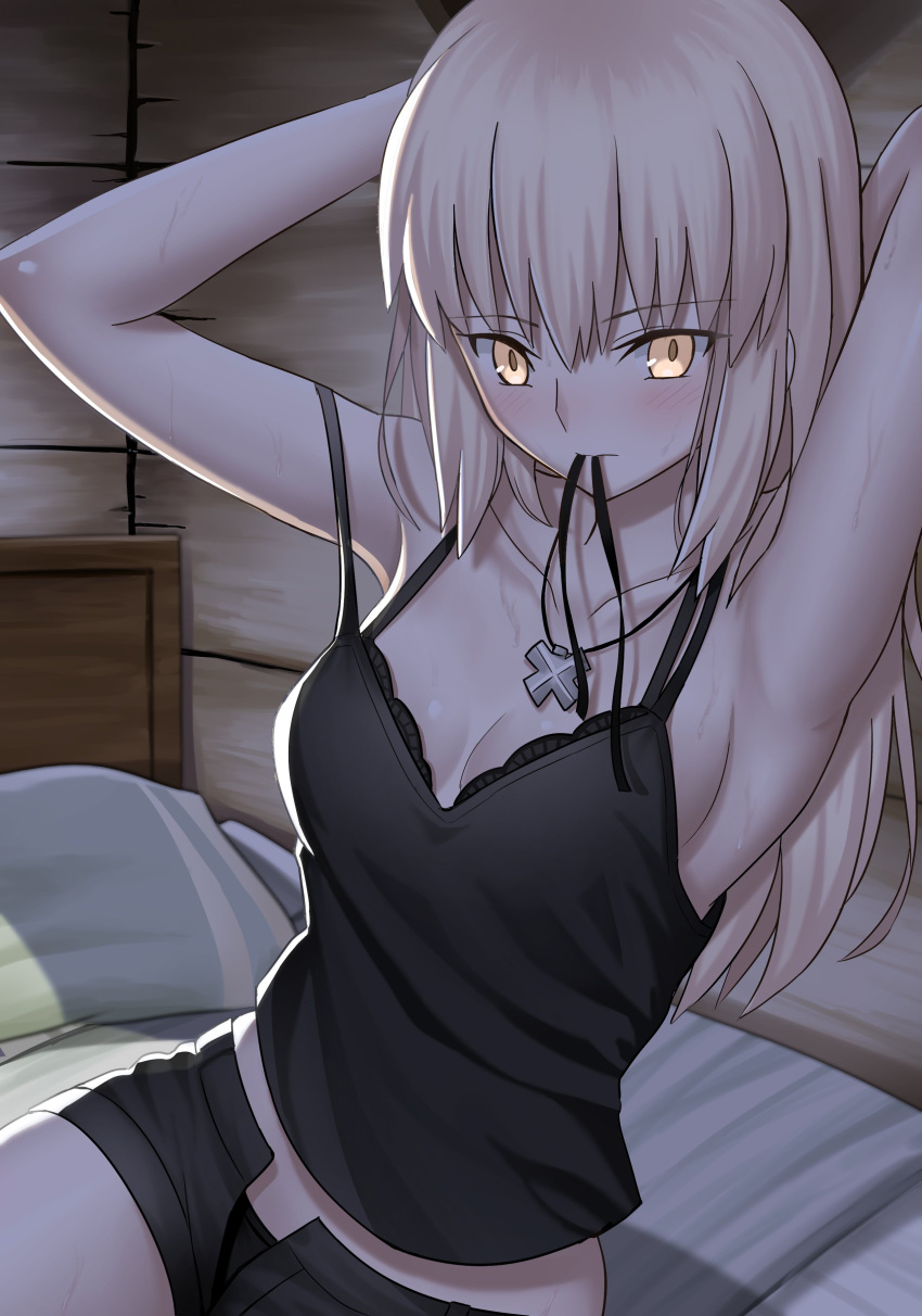 absurdres adjusting_hair armpits arms_up artoria_pendragon_(fate) bed bed_sheet bedroom black_bra black_camisole black_ribbon black_shorts blonde_hair blush bra breasts camisole cross cross_necklace dark fate/grand_order fate_(series) female hands_in_hair highres indoors jewelry lace-trimmed_bra lace_trim long_hair longdq3008 looking_at_viewer medium_breasts mouth_hold necklace official_alternate_costume on_bed open_fly pillow ribbon ribbon_in_mouth saber_alter saber_alter_(ver._shinjuku_1999)_(fate) shorts sitting solo strap_slip sweat tying_hair underwear yellow_eyes