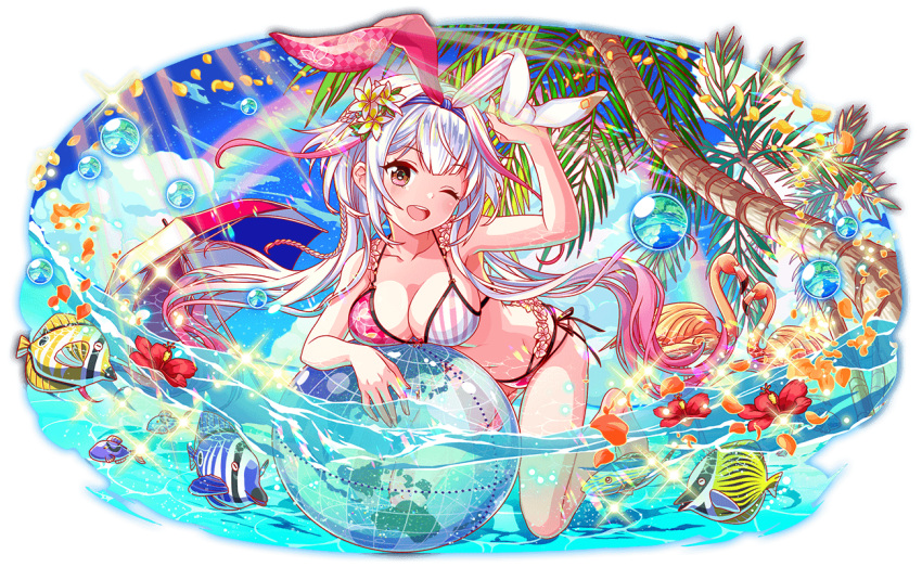 6+others animal_ears arm_up armpit_crease artist_request ball bare_arms bare_legs bare_shoulders barefoot beachball bent_over bikini bird black_straps blue_sky breasts bubble cel_shading checkered_bikini_top checkered_ribbon cleavage cloud crash_fever day earth_print eyelashes fake_animal_ears female fish fish_request flamingo floral_print_bikini floral_print_ribbon flower flower-trimmed_bikini full_body game_cg gradient_hair hairband hibiscus hibiscus_petals large_breasts lens_flare light_rays long_hair looking_at_viewer milankovitch_(crash_fever) multicolored_hair multicolored_umbrella multiple_others navel number_print numbered official_art one_eye_closed outdoors outline palm_leaf palm_tree partially_submerged pink_bikini pink_eyes pink_hair print_ribbon rabbit_ears rainbow red_outline reflection reflective_water ribbon side-tie_bikini_bottom sky solo_focus spaghetti_strap square square_print streaked_hair striped_bikini striped_clothes sunbeam sunburst sunlight swimsuit tachi-e teeth third-party_source tongue transparent_background tree two-tone_bikini two-tone_hairband umbrella upper_teeth_only vertical-striped_bikini vertical-striped_clothes vertical-striped_ribbon very_long_hair water white_hair yellow_petals