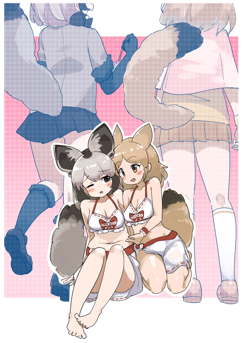 2girls absurdres alternate_costume animal_ears bare_arms bare_legs bare_shoulders barefoot bat-eared_fox_(kemono_friends) bikini black_fur black_gloves black_hair black_skirt black_socks brown_eyes brown_skirt elbow_gloves extra_ears fox_ears fox_girl fox_tail fur_trim gloves grey_hair grey_jacket hair_between_eyes highres iwa_(iwafish) jacket kemono_friends kemono_friends_3 light_brown_hair looking_at_another matching_outfits midriff multicolored_hair multiple_girls multiple_views navel one_eye_closed pale_fox_(kemono_friends) pleated_skirt red_trim sarong short_hair short_sleeves sidelocks skirt socks spaghetti_strap sweater_around_neck swimsuit tail white_bikini white_sarong white_socks