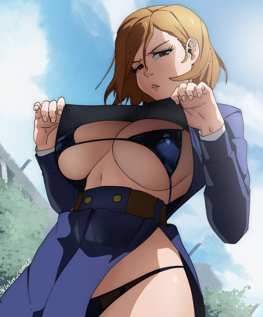 absurdres bikini black_bikini blue_jacket blue_skirt blue_sky breasts brown_eyes brown_hair clothes_lift cloud day female highres inker_comics jacket jujutsu_kaisen jujutsu_tech_uniform kugisaki_nobara large_breasts lifting_own_clothes looking_at_viewer outdoors short_hair side_slit skirt sky solo swimsuit