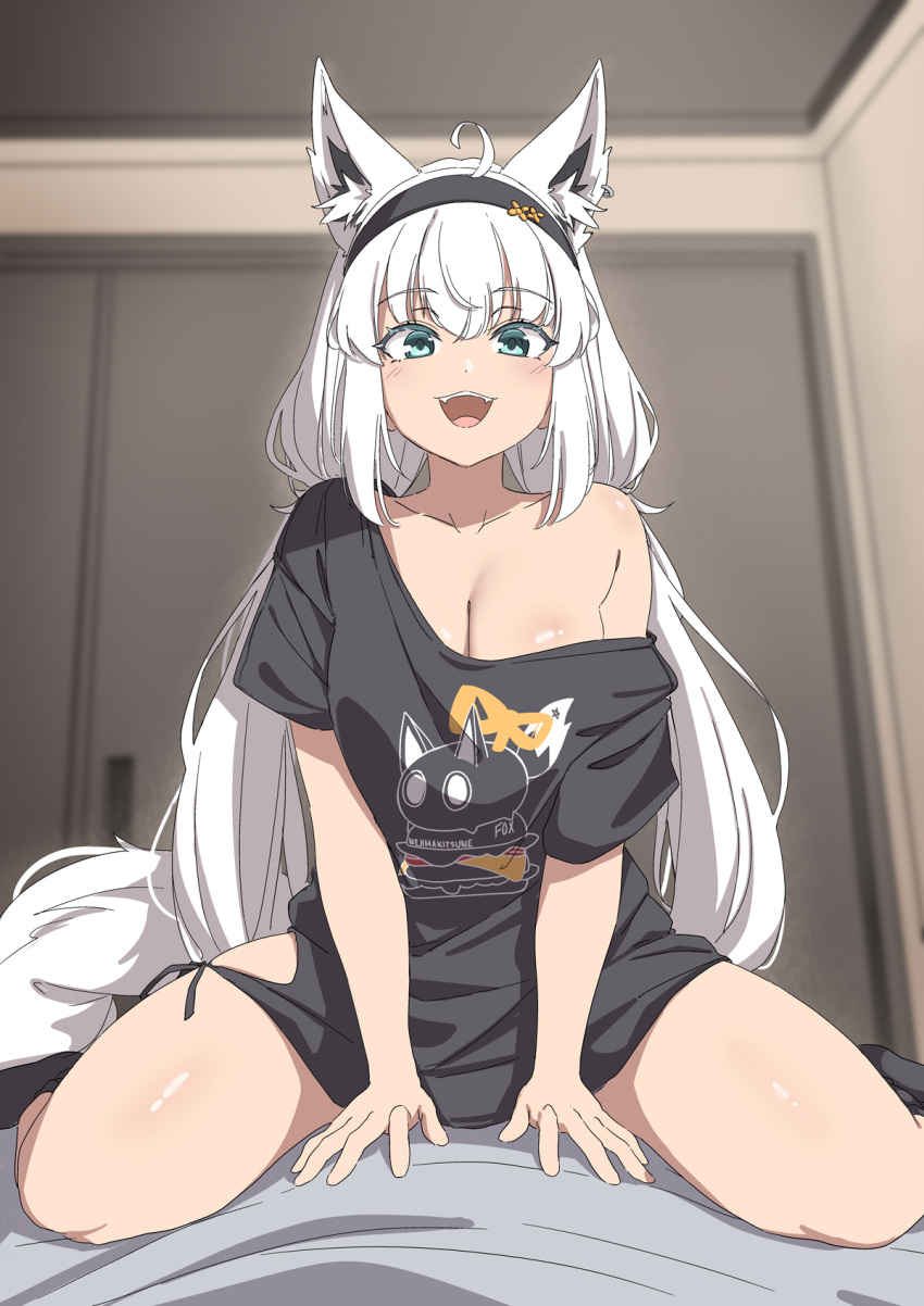 :d ahoge animal_ear_fluff animal_ear_piercing animal_ears aqua_eyes between_legs black_hairband black_shirt black_socks breasts cleavage collarbone commentary cowgirl_position crossed_bangs female fox_ears fox_girl fox_tail good_morning good_morning_my_brother!_(meme) hair_between_eyes hairband hand_between_legs highres hip_vent hololive indoors kanachirou large_breasts long_hair low_twintails meme no_bra no_pants official_alternate_costume open_mouth pov print_shirt scene_reference shirakami_fubuki shirakami_fubuki_(loungewear) shirt single_bare_shoulder single_off_shoulder sitting sitting_on_person smile socks straddling t-shirt tail twintails very_long_hair virtual_youtuber white_hair