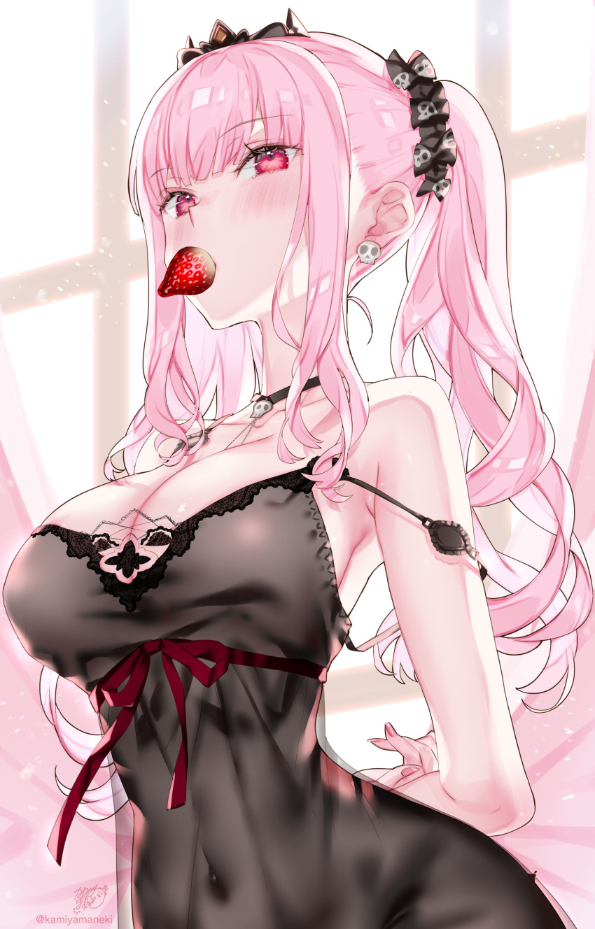 absurdres bad_id bad_twitter_id bare_shoulders black_choker black_nightgown blush breasts choker cleavage collarbone commentary earrings female food food_in_mouth fruit highres holding hololive hololive_english holomyth jewelry kamiya_maneki lace-trimmed_nightgown large_breasts long_hair looking_at_viewer mask mori_calliope mori_calliope_(sleepwear) morning mouth_hold nightgown official_alternate_costume pink_eyes pink_hair red_eyes skull_choker skull_collar skull_earrings sleep_mask sleepwear solo strawberry symbol-only_commentary twintails virtual_youtuber