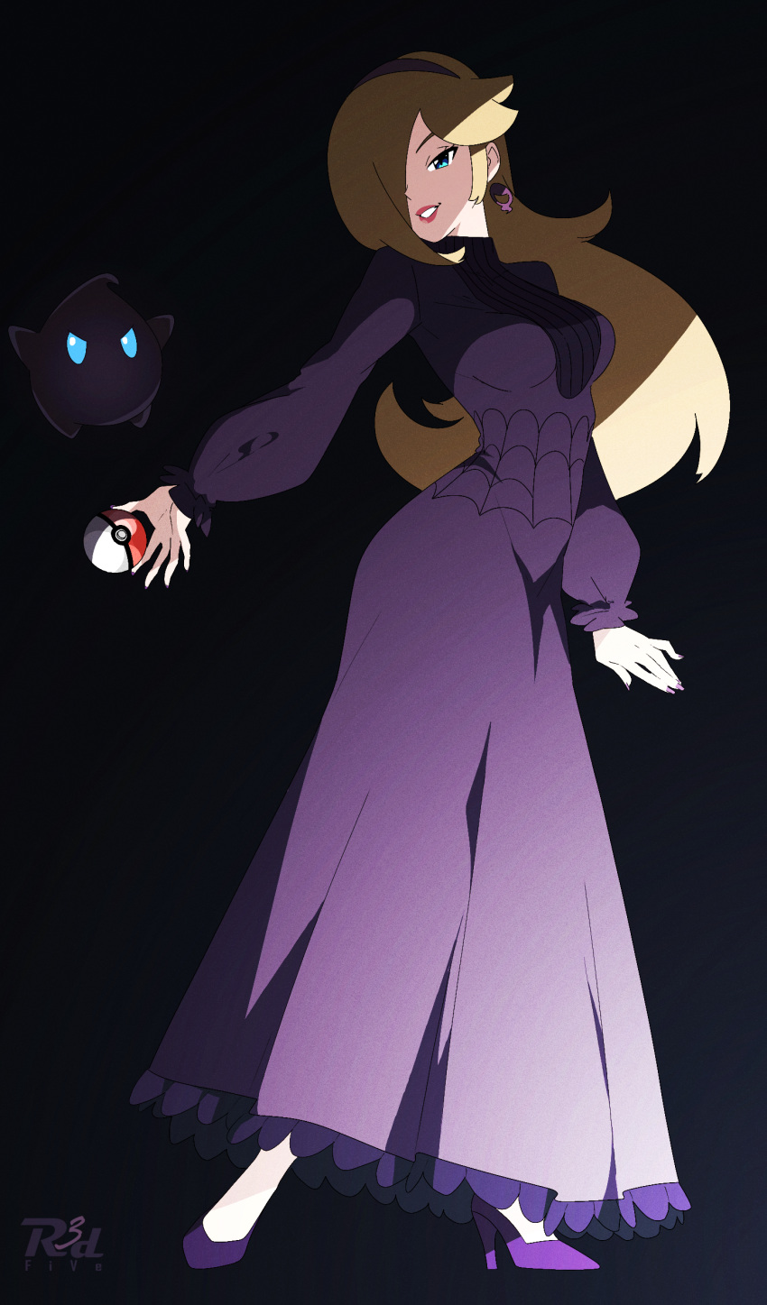 absurdres black_background blonde_hair breasts cosplay dress earrings female grin hex_maniac_(pokemon) hex_maniac_(pokemon)_(cosplay) high_heels highres holding holding_poke_ball jewelry long_hair long_sleeves looking_down mario_(series) nail_polish poke_ball poke_ball_(basic) pokemon pokemon_xy purple_dress purple_footwear purple_nails r3dfive rosalina smile standing teeth