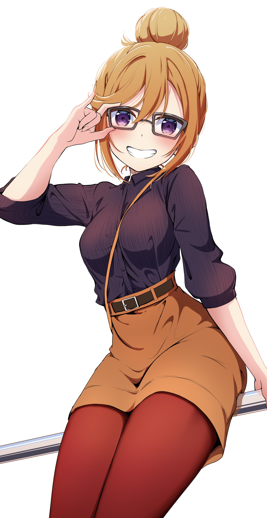 absurdres adjusting_eyewear alternate_hairstyle amagi_(volfuji) belt bespectacled between_breasts black_shirt breasts brown_belt commentary_request female glasses hair_between_eyes hair_bun hand_up highres looking_at_viewer love_live! love_live!_superstar!! medium_hair orange_hair orange_skirt pantyhose purple_eyes red_pantyhose shibuya_kanon shirt sidelocks sitting skirt smile solo strap_between_breasts upper_body