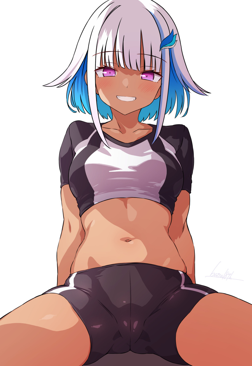 absurdres batta_16-sei bike_shorts blue_hair blush breasts cleft_of_venus collarbone colored_inner_hair dark-skinned_female dark_skin female grin highres lize_helesta looking_at_viewer medium_breasts medium_hair midriff multicolored_hair navel nijisanji purple_eyes signature simple_background sitting smile solo streaked_hair tan virtual_youtuber white_background white_hair