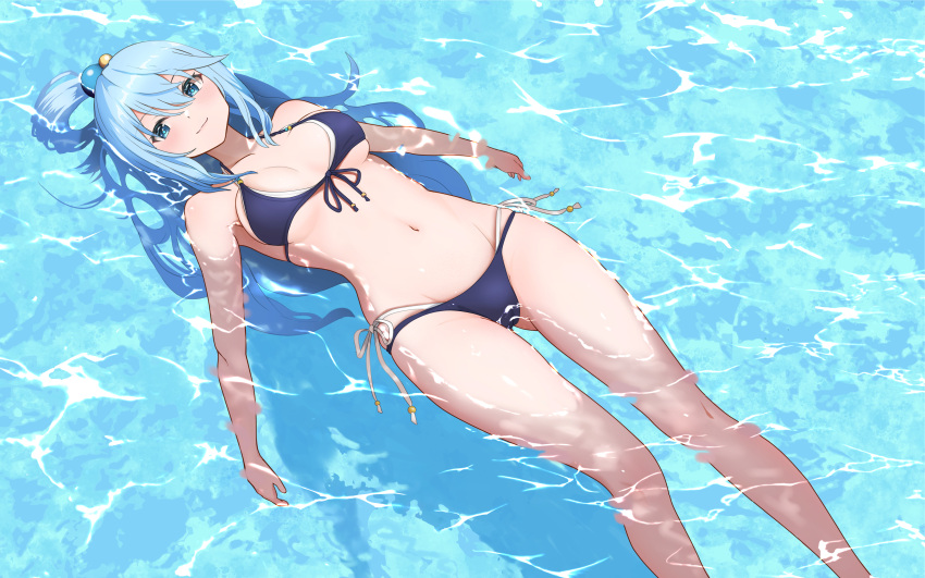 absurdres afloat aqua_(konosuba) bare_shoulders bikini blue_bikini blue_eyes blue_hair blush breasts breasts_apart closed_mouth collarbone female from_above front-tie_bikini_top front-tie_top gibun_(sozoshu) hair_between_eyes hair_ornament hair_rings highres kono_subarashii_sekai_ni_shukufuku_wo! layered_bikini long_hair looking_at_viewer lying lying_on_water medium_breasts navel ocean on_back on_water partially_submerged revision side-tie_bikini_bottom single_hair_ring smile solo swimsuit underboob water wet