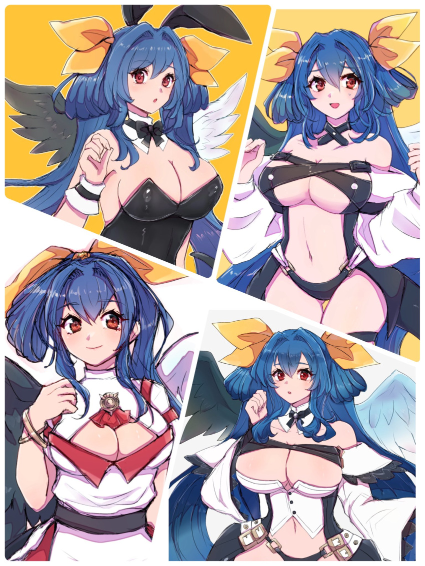 :o angel_wings animal_ears ass_visible_through_thighs asymmetrical_wings bare_shoulders belt black_bow black_bowtie black_choker black_leotard black_panties blue_hair blush bow bowtie breasts bunny_day center_opening chemaru_(a8l) choker cleavage cleavage_cutout clothing_cutout collarbone covered_navel covered_nipples detached_collar detached_sleeves dizzy_(guilty_gear) fake_animal_ears female guilty_gear guilty_gear_x guilty_gear_xrd guilty_gear_xx hair_between_eyes hair_ribbon hair_rings highleg highleg_leotard highres huge_breasts large_breasts leotard long_hair long_sleeves looking_at_viewer mature_female midriff monster_girl navel open_mouth panties playboy_bunny ponytail puffy_long_sleeves puffy_sleeves rabbit_ears red_eyes revealing_clothes ribbon showgirl_skirt sidelocks simple_background single_hair_ring skindentation skirt sleeveless smile solo stomach sweatdrop tail tail_ornament tail_ribbon thick_thighs thigh_gap thigh_strap thighs twintails underboob underwear very_long_hair wide_sleeves wings wrist_cuffs yellow_background yellow_ribbon