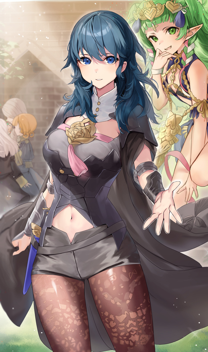 5girls annette_fantine_dominic armor black_cape black_shorts blonde_hair blue_eyes blue_hair brown_pantyhose byleth_(female)_(fire_emblem) byleth_(fire_emblem) cape closed_mouth clothing_cutout fire_emblem fire_emblem:_three_houses floating garreg_mach_monastery_uniform grass green_eyes green_hair grin haru_(nakajou-28) highres long_hair looking_at_viewer lysithea_von_ordelia mercedes_von_martritz multiple_girls navel navel_cutout open_mouth orange_hair outdoors pantyhose pointy_ears reaching reaching_towards_viewer short_hair short_shorts shorts smile sothis_(fire_emblem) twintails white_hair