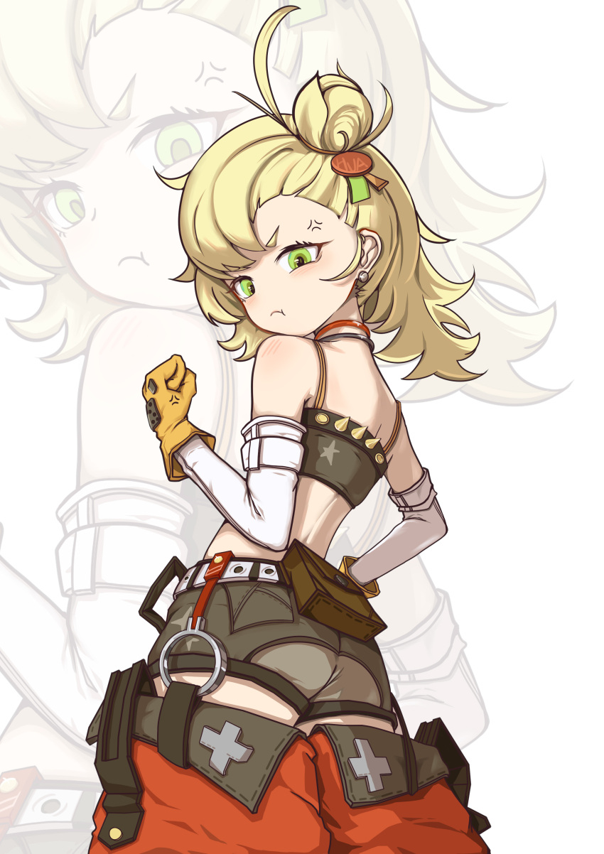 :t absurdres anger_vein ass blonde_hair blush chinese_commentary clenched_hand detached_pants detached_sleeves earrings female from_behind gloves green_eyes hair_bun highres jewelry looking_at_viewer necklace piper_wheel solo user_aajs4245 yellow_gloves zenless_zone_zero zoom_layer