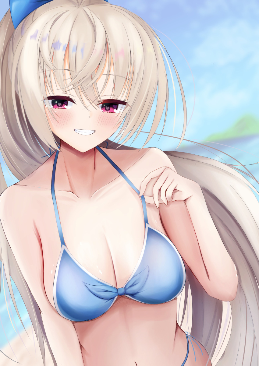 :d absurdres akizuki_kanna arm_at_side bare_shoulders bikini bikini_pull bikini_top_pull blue_bikini blue_bow blurry blurry_background blush bow breasts cafe_stella_to_shinigami_no_chou cleavage clothes_pull collarbone commentary crossed_bangs curvy day eyes_visible_through_hair female floating_hair front-tie_bikini_top front-tie_top grin hair_between_eyes hairbow hand_up happy heart heart-shaped_pupils heart_in_eye highres kiki0319i large_breasts light_brown_hair long_hair looking_at_viewer navel outdoors ponytail pulling_own_clothes red_eyes seductive_smile smile solo straight_hair swimsuit symbol-shaped_pupils symbol_in_eye upper_body very_long_hair