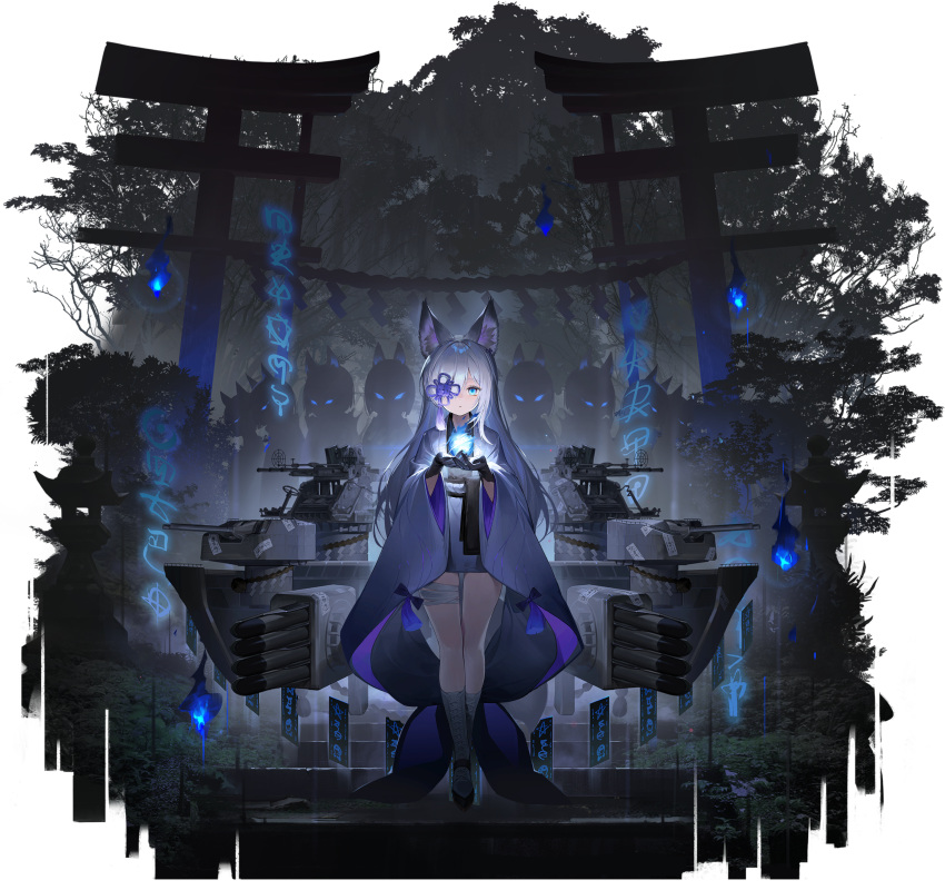 6+others absurdres animal_ear_fluff animal_ears artist_request azur_lane bandaged_leg bandages black_footwear black_gloves blue_eyes blue_fire bow cannon character_request check_character closed_mouth female fire floating floating_object flower forest fox_ears fox_girl fox_tail full_body gloves glowing glowing_eyes grey_hair hair_between_eyes hair_ornament hair_over_one_eye hands_up highres hitodama holding japanese_clothes kaga_(azur_lane) kasumi_(azur_lane) kasumi_(meta)_(azur_lane) kimono kitsune kneehighs long_hair long_sleeves looking_at_viewer machinery multiple_others nature night non-web_source obi official_art ofuda one_eye_covered outdoors platform_footwear ribbon rigging rope sash shide shimenawa shoes shrine sidelocks silhouette socks stairs standing stone_lantern tail tassel torii torpedo_launcher torpedo_tubes transparent_background tree turret weapon wide_sleeves