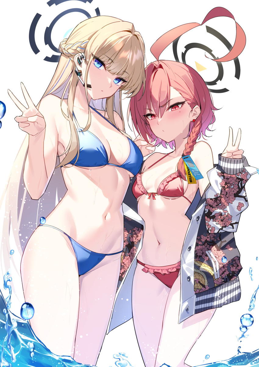 2girls absurdres ahoge aosaki_yukina asymmetrical_bangs bare_shoulders bikini black_jacket blonde_hair blue_archive blue_bikini blue_eyes blush braid breasts cleavage halo highres huge_ahoge jacket long_hair looking_at_viewer medium_breasts mole mole_under_eye multiple_girls navel neru_(blue_archive) off_shoulder open_clothes open_jacket orange_hair print_jacket red_bikini red_eyes short_hair side_braid small_breasts swimsuit tag thighs toki_(blue_archive) v wading water white_sleeves